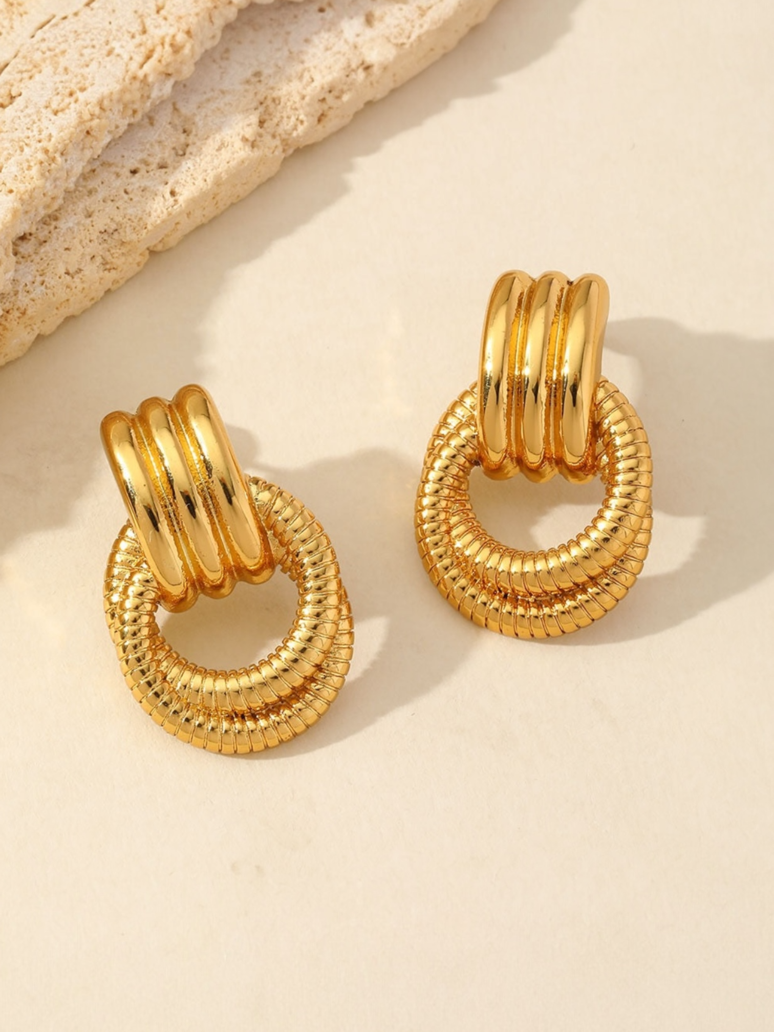 Gold Textured Doorknocker Drop Earrings