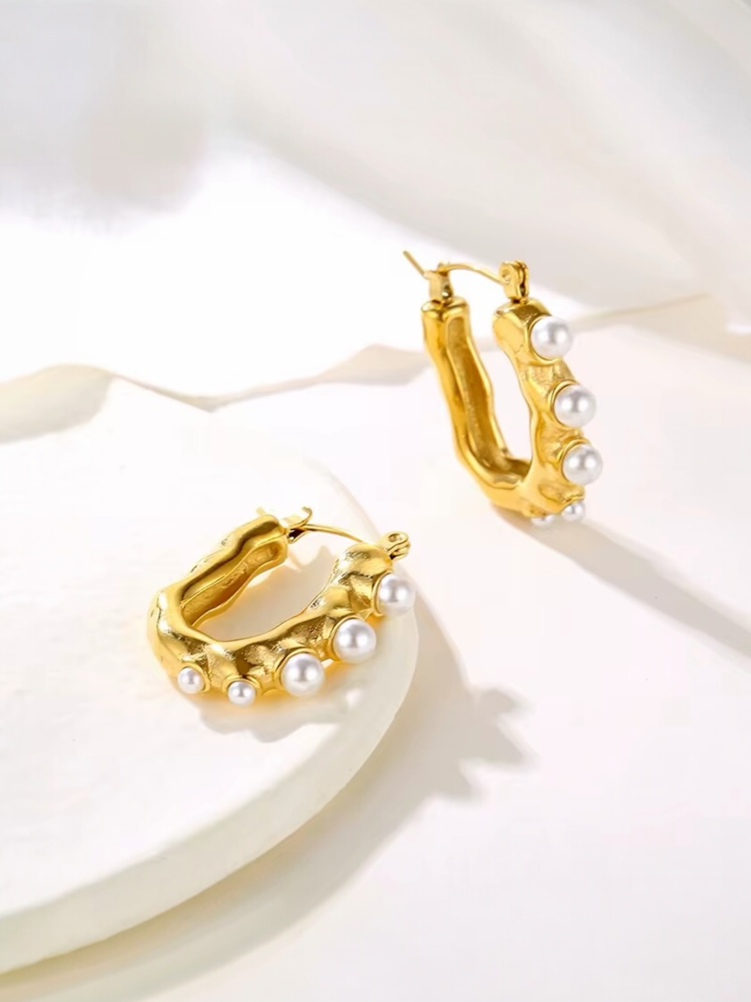 Gold Pearl U-Shape Hoop Earrings