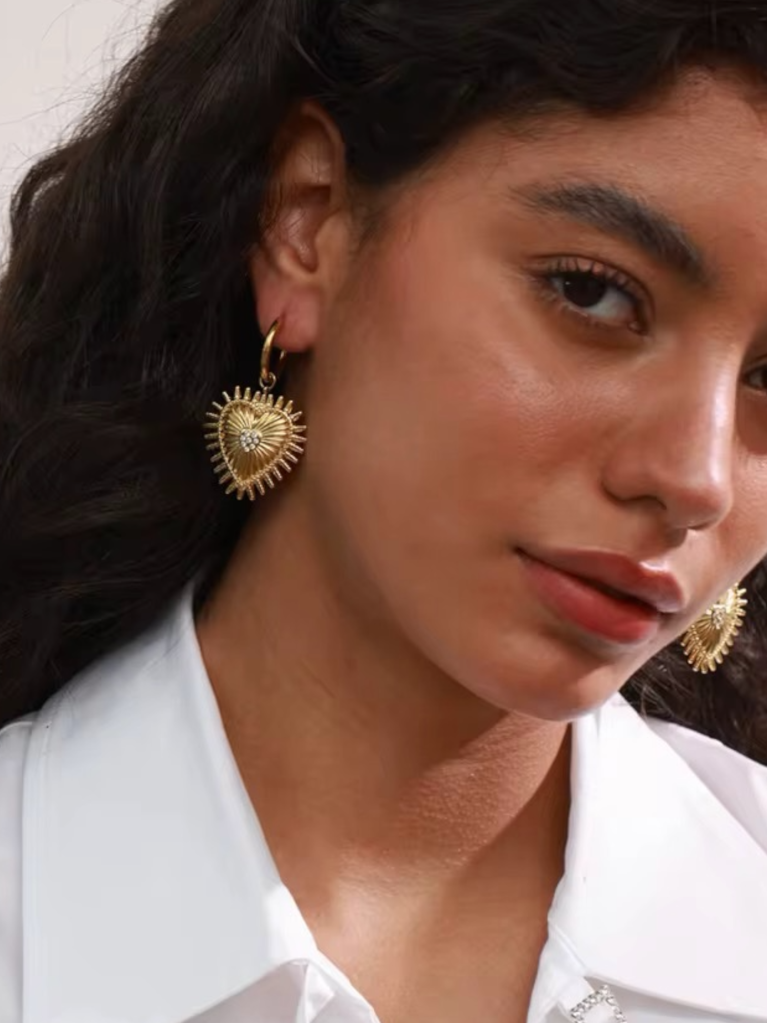 Gold Radiant Heart Drop Hoop Earrings