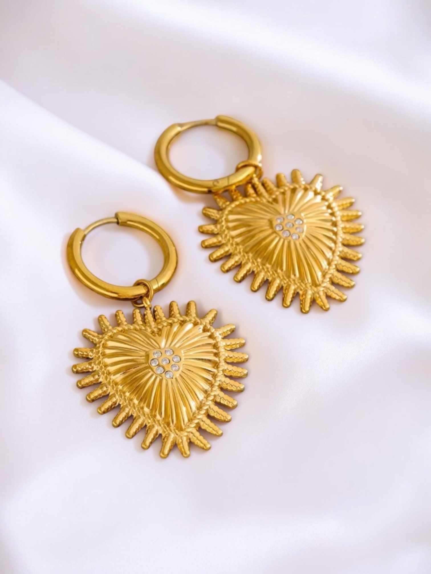 Gold Radiant Heart Drop Hoop Earrings