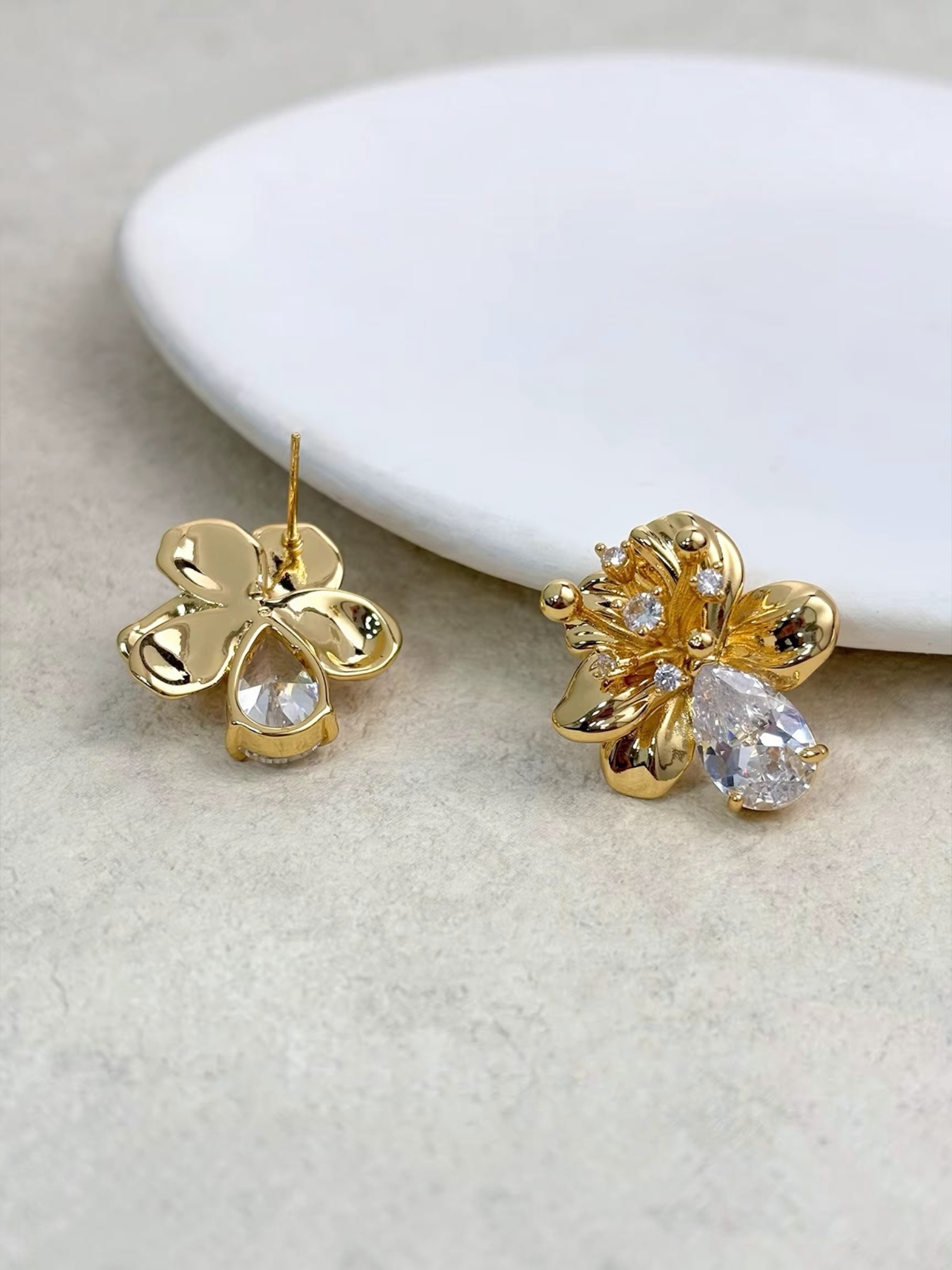 Floral Crystal Gold Stud Earrings