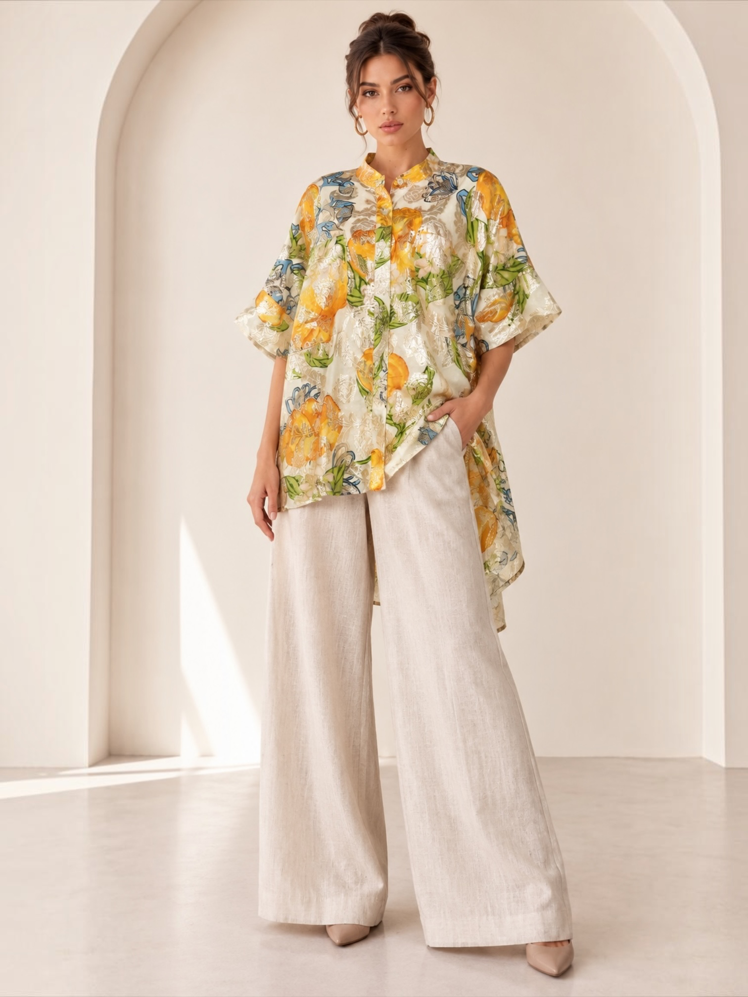 Elara Floral Jacquard Cream Tunic