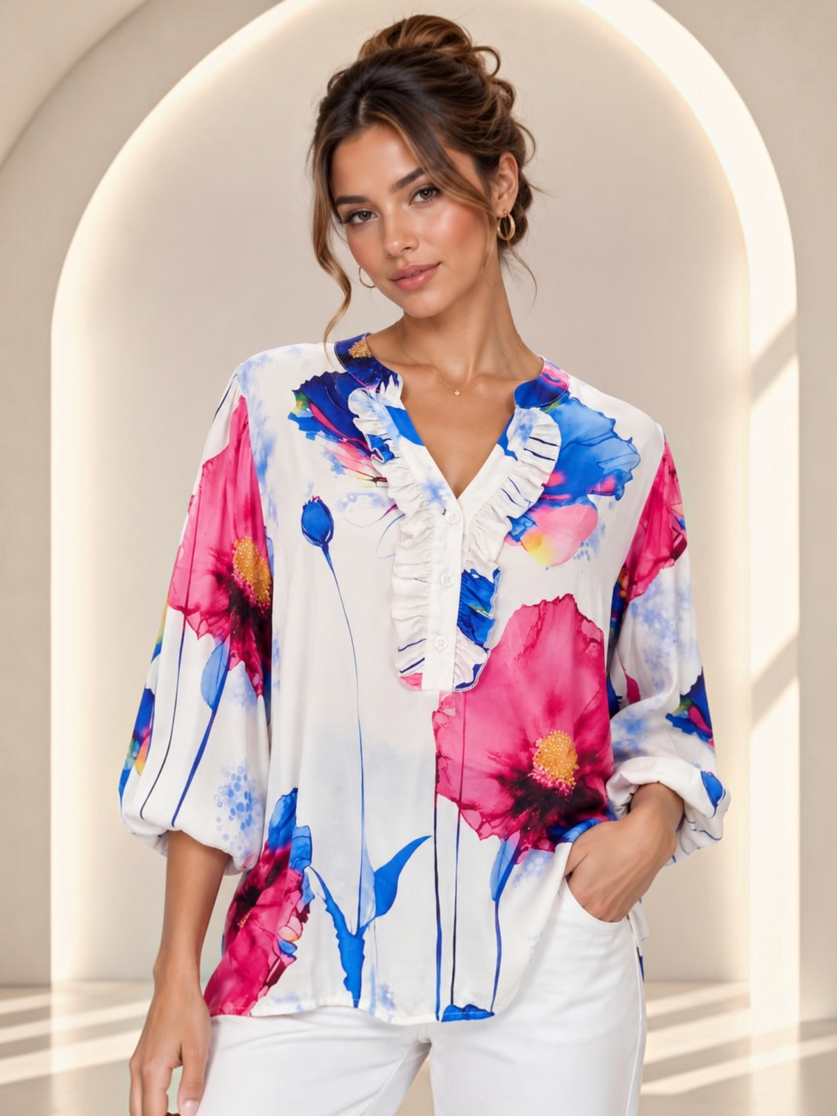Mila Watercolor Floral Ruffle Top