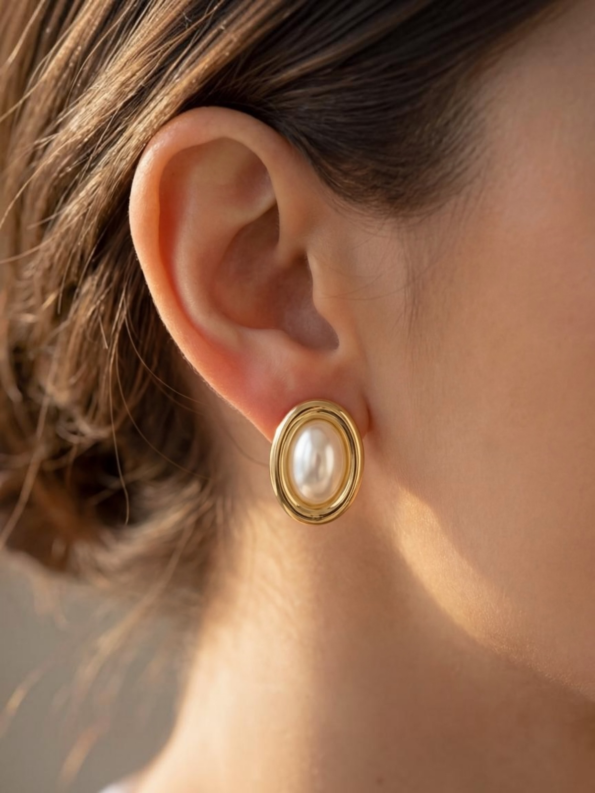 Gold Dipped Vintage Oval Pearl Stud Earrings