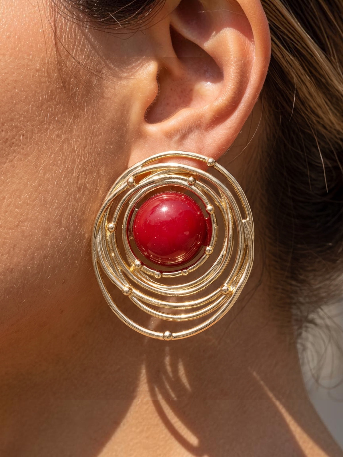 Orbital Wire Swirl Dome Cabochon Burgundy Earrings