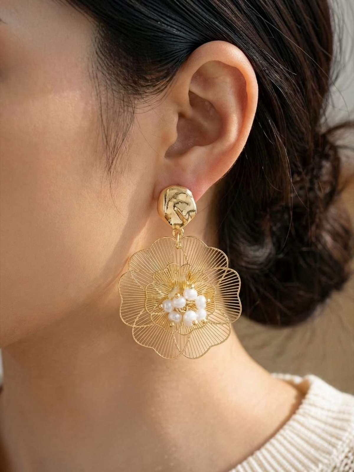 Gold Filigree Flower Pearl Center Drop Earrings