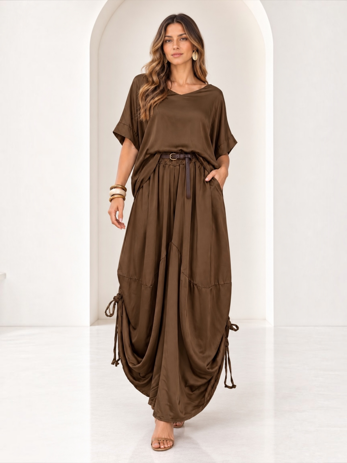 Elle Draped Wide-Leg Mocha Set