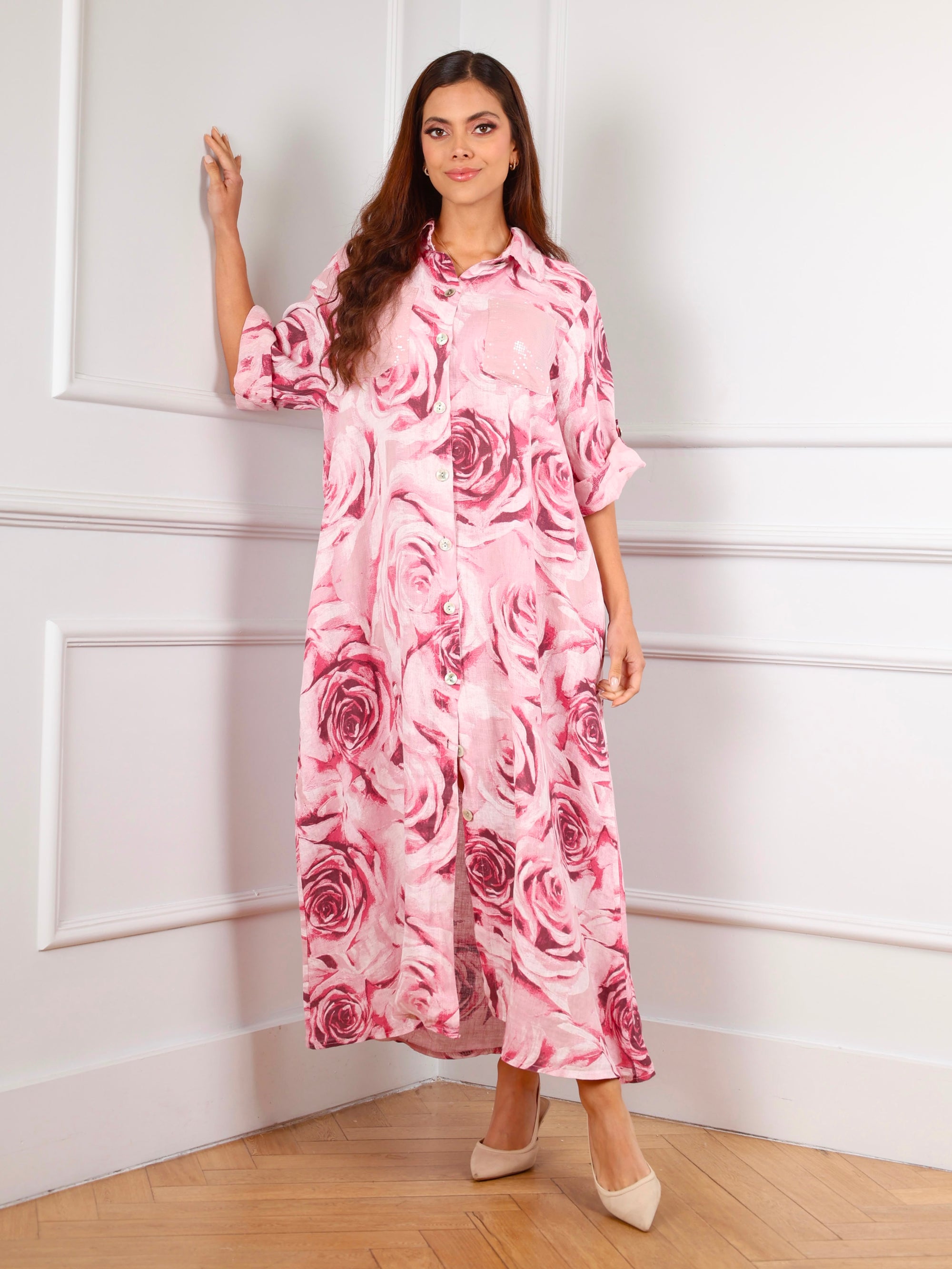 Rose Garden Linen Dress – Blush Pink