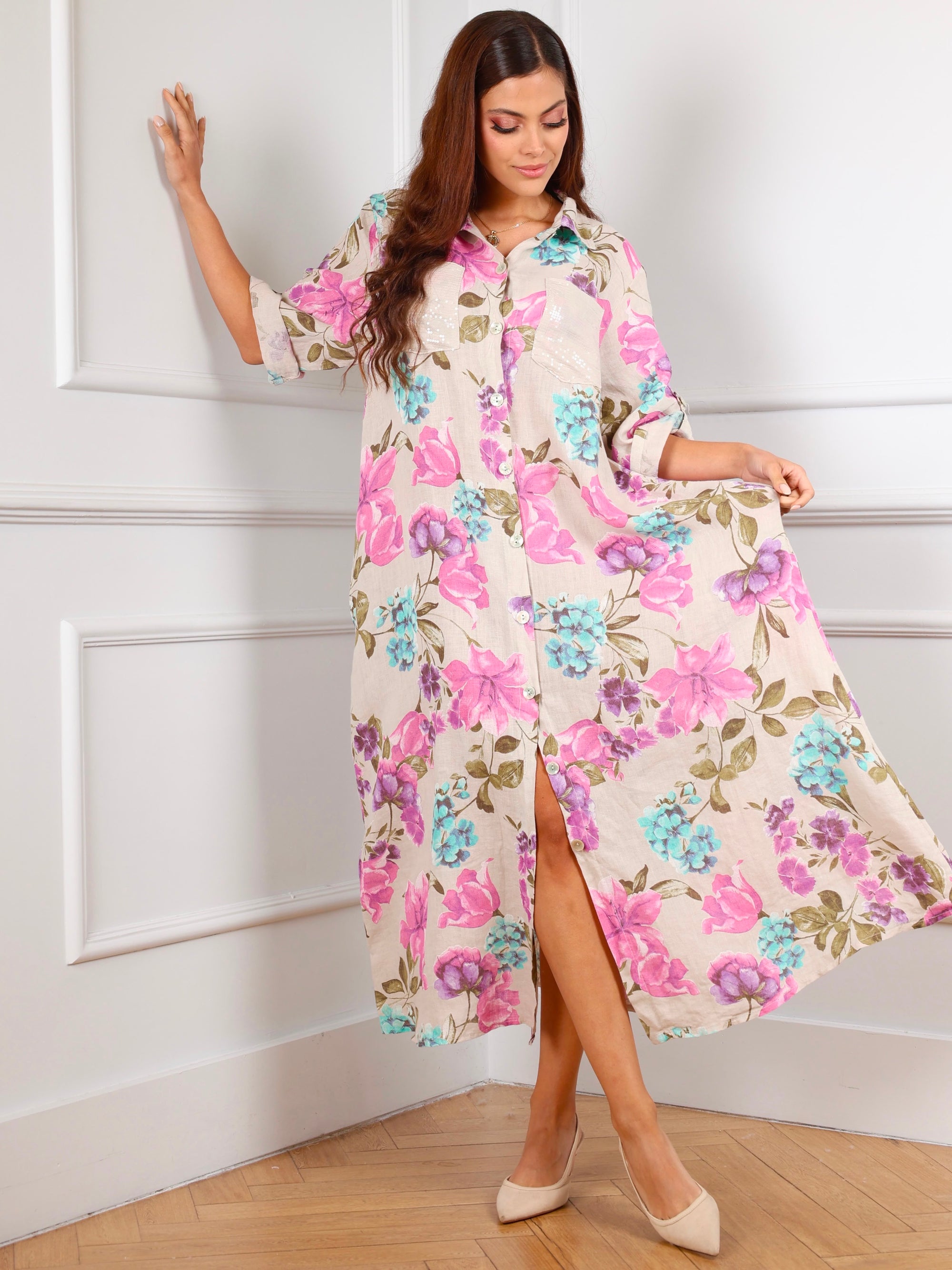 Botanical Bliss Linen Dress – Sand Beige