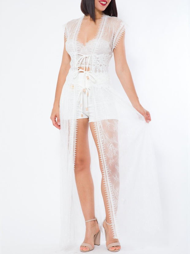 White Long Lace Cardigan Top